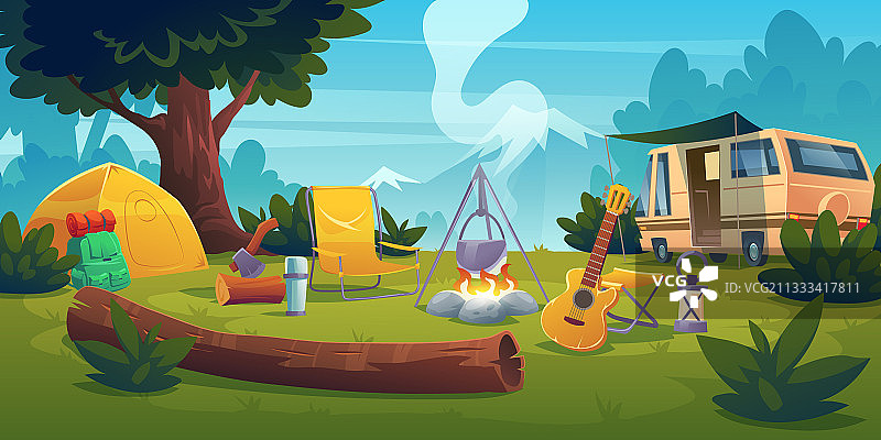 带篝火帐篷货车和背包的夏令营图片素材