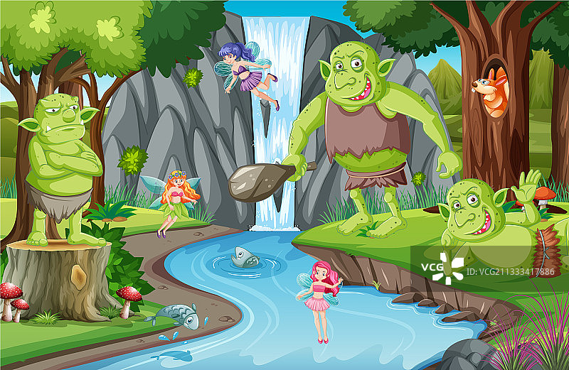 带有卡通哥布林或巨魔的森林场景图片素材