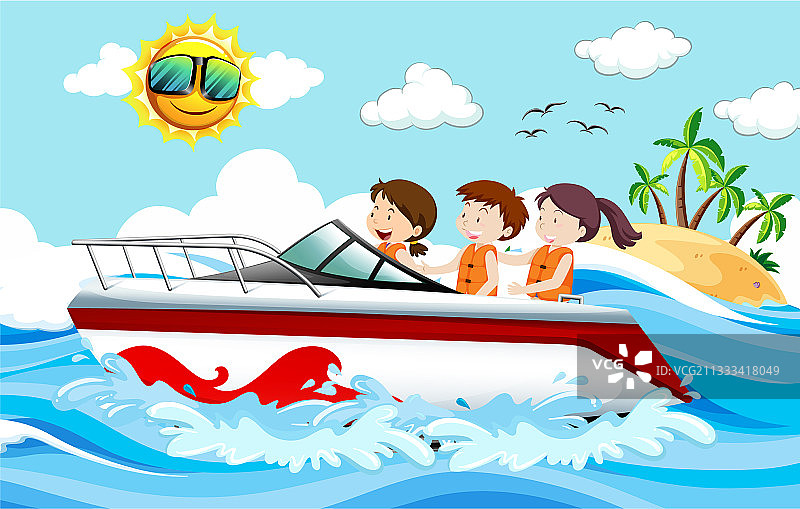 儿童站在海滩的快艇上图片素材