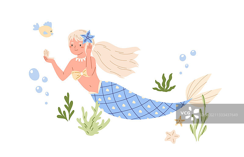 长金发和蓝色鱼尾的美人鱼图片素材