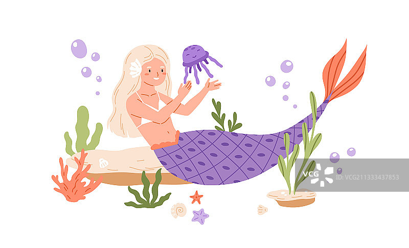 长金发美人鱼和鱼尾图片素材