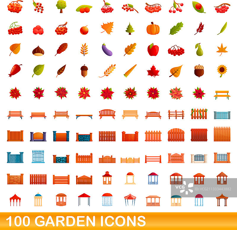 100个花园图标卡通风格合集图片素材