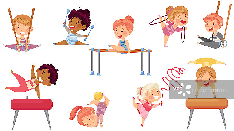 小男孩和小女孩在做鞍马体操图片素材