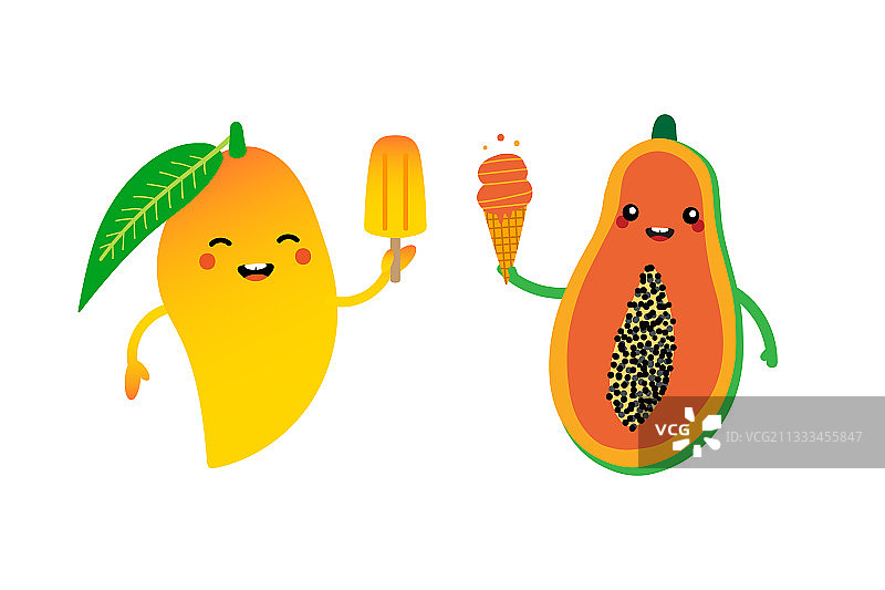 吃冰淇淋的芒果和木瓜卡通人物图片素材
