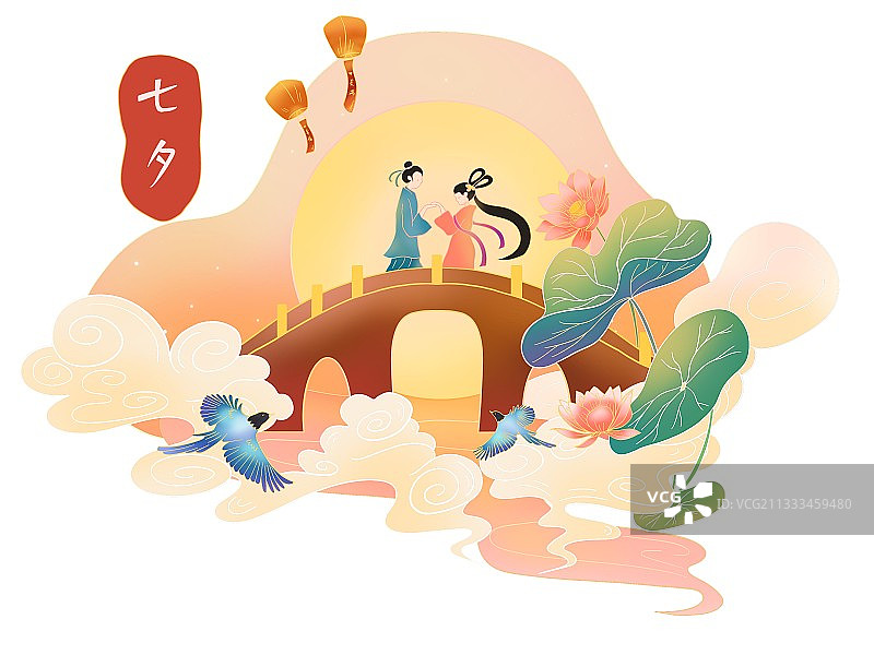 七夕国风线描插画图片素材