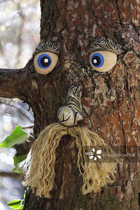 树干装饰角色头像，位于法国杜省沙博尼耶莱萨潘的史前公园图片素材