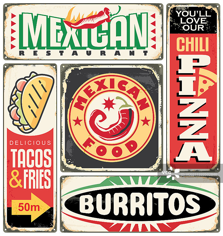 墨西哥餐厅复古金属标志合集图片素材