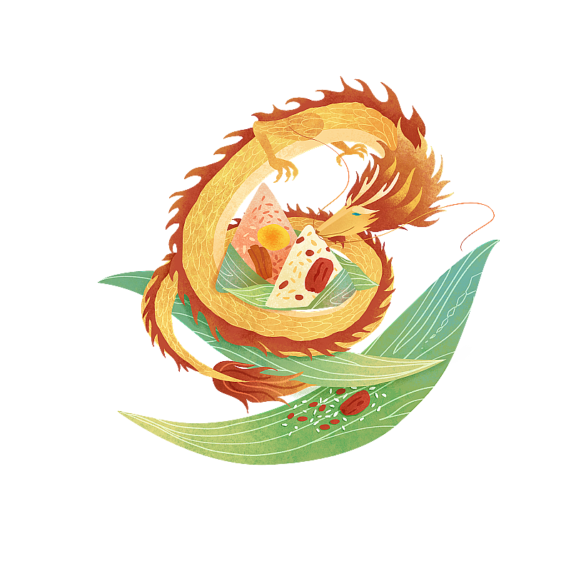 端午节坐在粽叶上盘着粽子的龙扁平风格图片素材