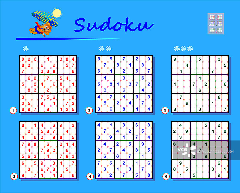 不同难度等级的数独谜题套装图片素材