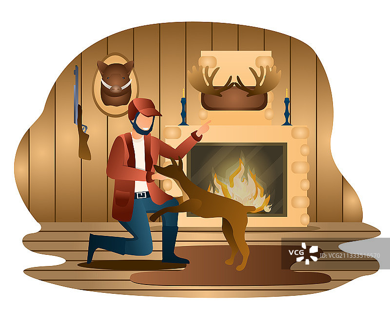 男人在木屋里训练他的狗图片素材