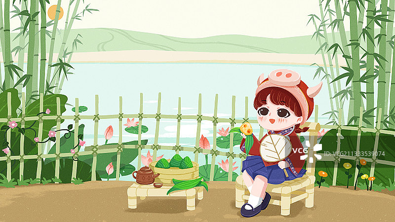 苗族女孩端午节竹林吃粽子图片素材