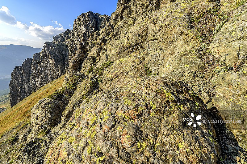 Collert vert 的枕状熔岩，在 Montgenevre (Hautes-Alpes) 之上，蛇绿岩 Chenaillet：玄武质潜艇位于石化的骨干上，反映了第三纪的阿尔卑斯构造。欧洲独特的地址遗址，用于观察通常发生在海洋 medio 山脊轴线 3000 米深度的户外现象。图片素材