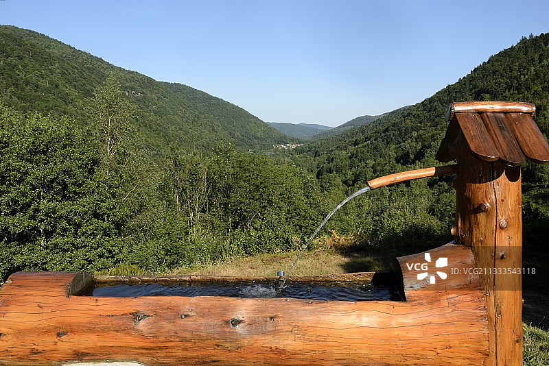 法国孚日山脉阿尔萨斯巴隆地区瑟文多勒河谷的木制喷泉图片素材