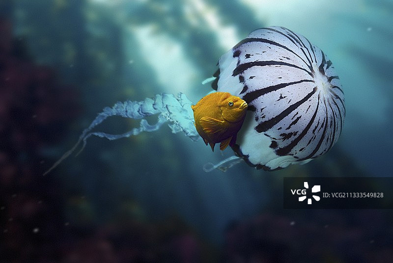 歌利亚雀鲷与彩色水母共生合成图图片素材