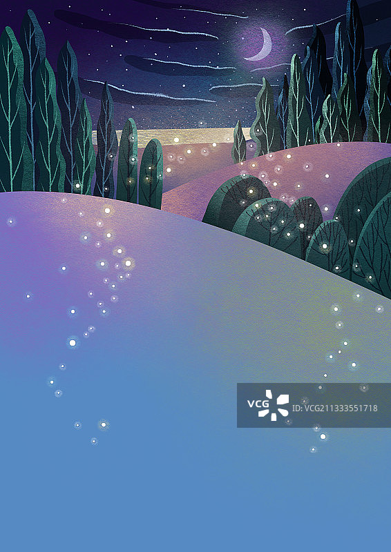 风景插画系列-森林里的夜晚图片素材