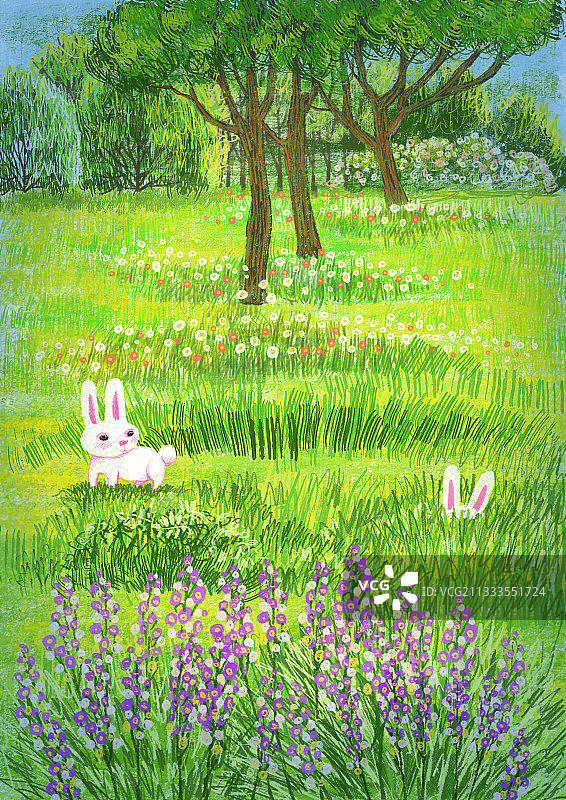 风景插画系列-草地上的兔子图片素材