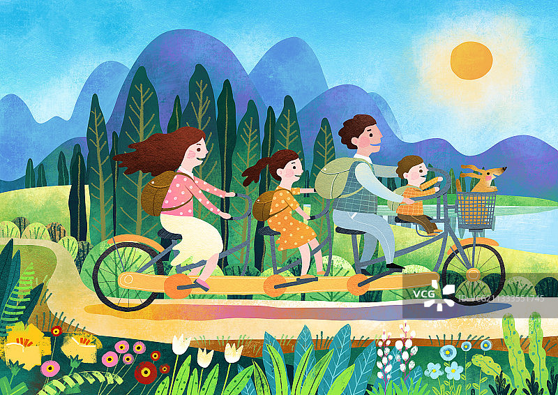 人物插画系列  一家人骑车去旅游图片素材