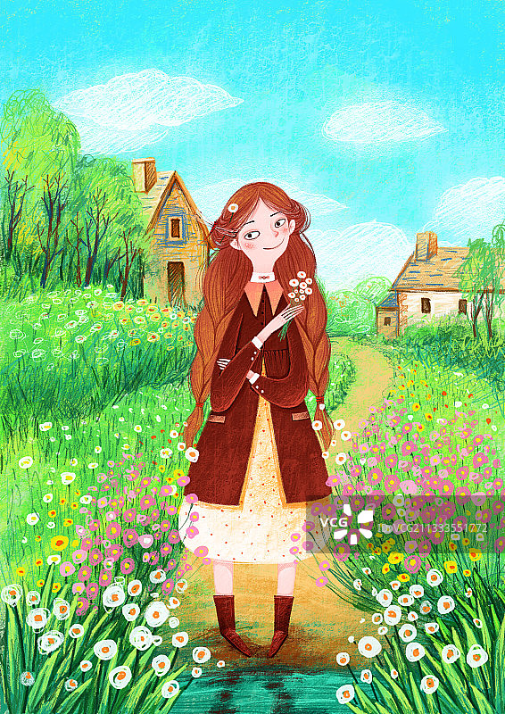 人物插画系列 站在乡间小道上的女孩图片素材