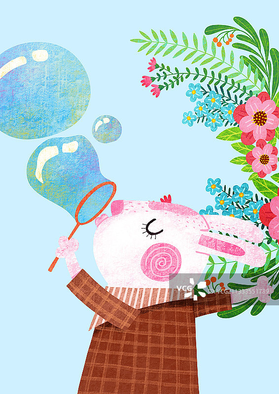 儿童插画动物系列 吹泡泡的兔子图片素材