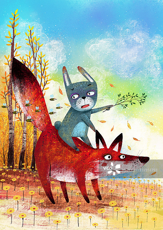 儿童插画动物系列 红狐狸和灰兔的故事图片素材