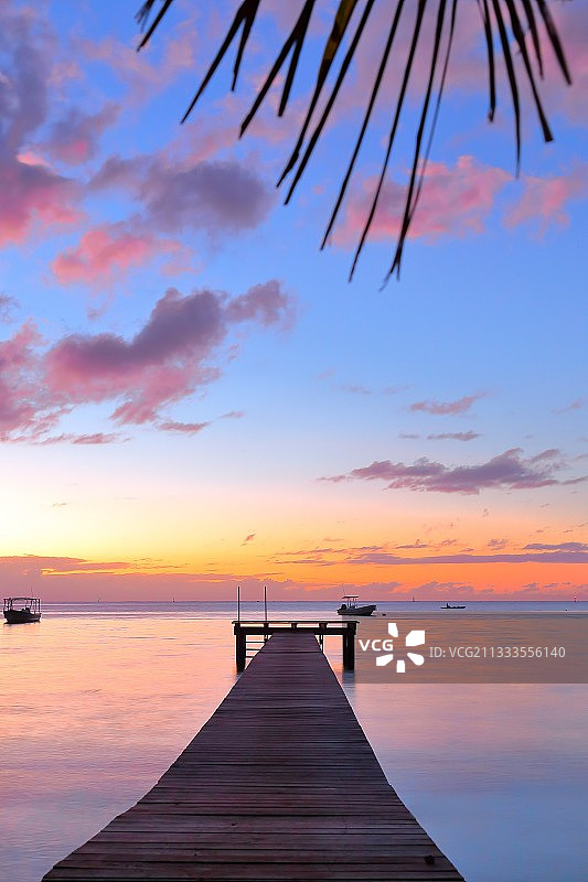浮筒与日落：法属波利尼西亚莫雷阿岛图片素材