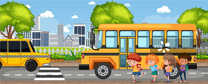 学生乘坐校车去上学图片素材