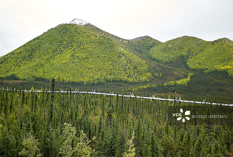 道尔顿公路：从费尔班克斯到普拉德霍湾，跨阿拉斯加管道系统，秋季布鲁克斯山脉南段的管道，阿拉斯加，美国图片素材