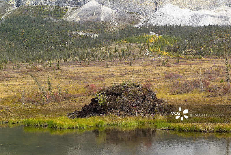 道尔顿公路：从费尔班克斯到普拉德霍湾，（204英里），霜冻山或冻丘：阿拉斯加苏卡克帕克山附近地下水冻结后冻原隆起，美国图片素材
