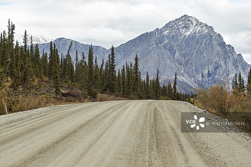 道尔顿公路：从费尔班克斯到普拉德霍湾，靠近美国阿拉斯加苏卡克帕克山图片素材