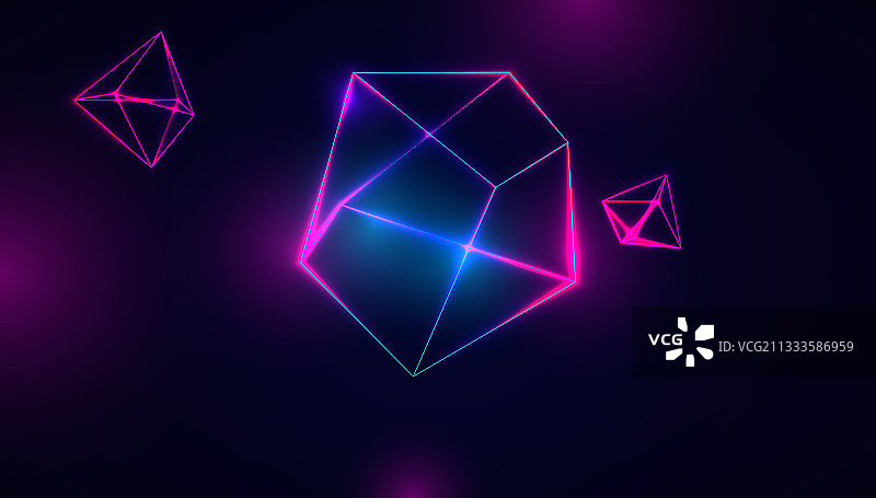 多彩霓虹灯发光立体多边钻石形空间效果，抽象矢量高科技背景素材图片素材