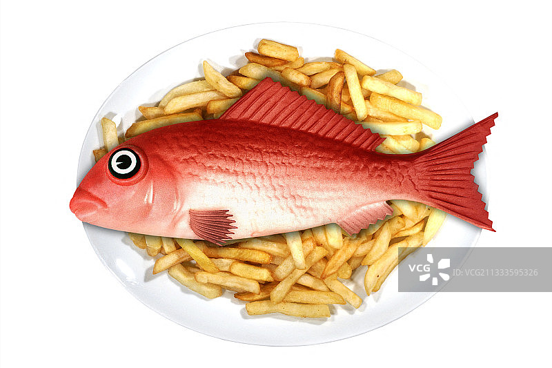 塑料鱼食。食用海鲜中含有塑料的概念图图片素材