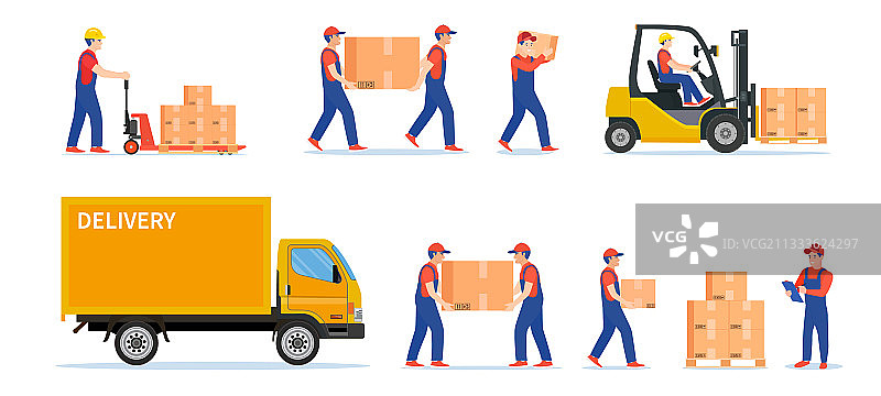 搬运包裹箱的仓库工人图片素材