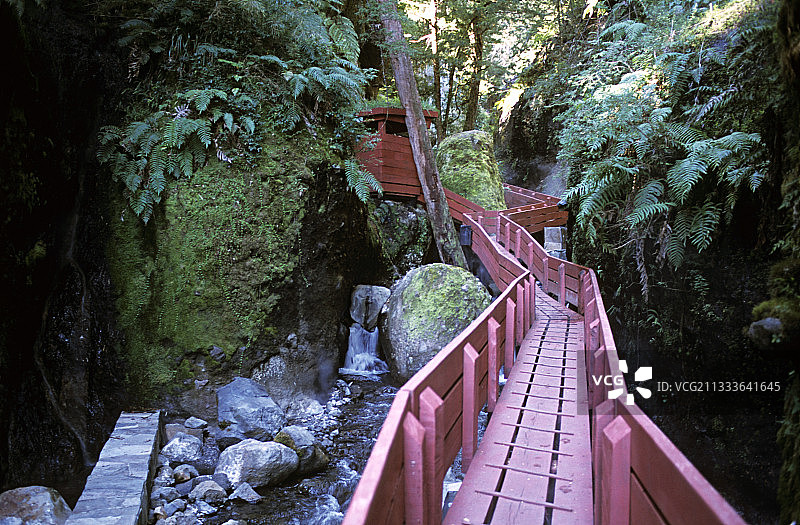河流顶部的红色木桥图片素材