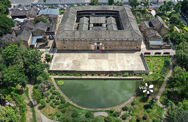 广东省梅州市大埔县泰安楼西湖公园航拍图片素材