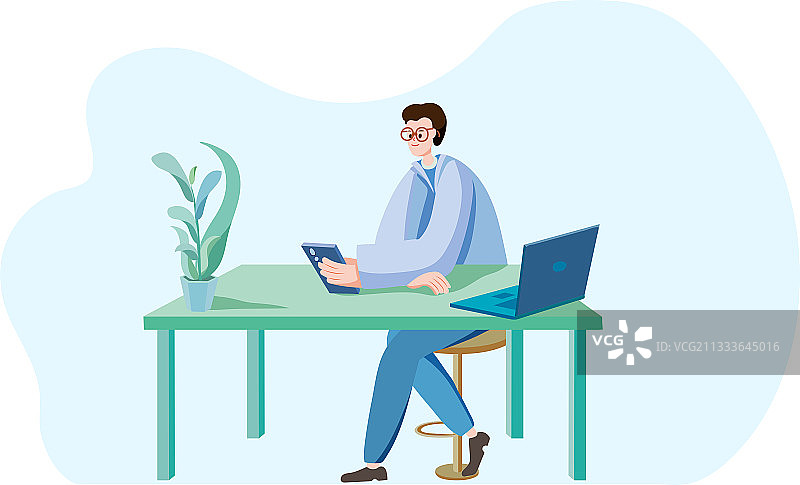 男生坐在桌子前办公矢量插画图片素材