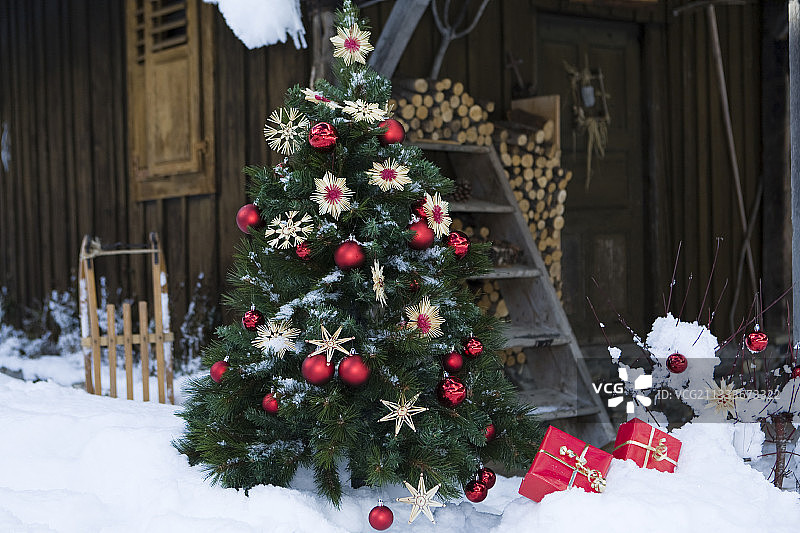 阿尔卑斯山小木屋前的圣诞树和礼物图片素材