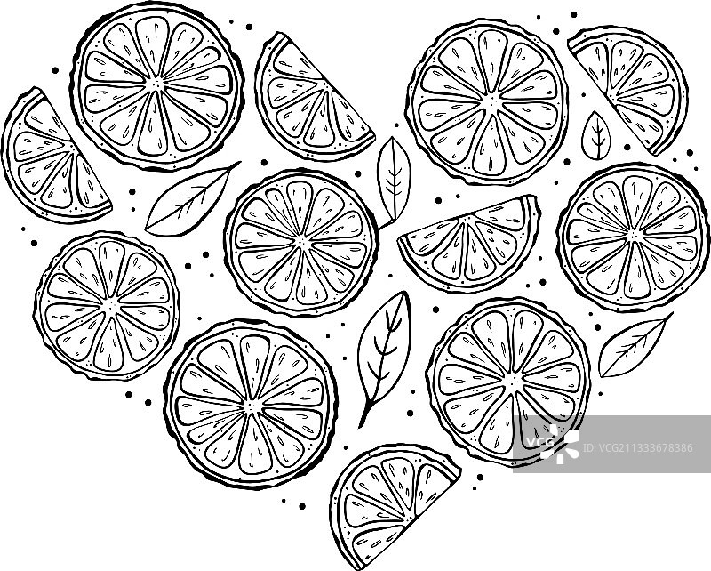 心形柑橘切片黑色轮廓插画图片素材
