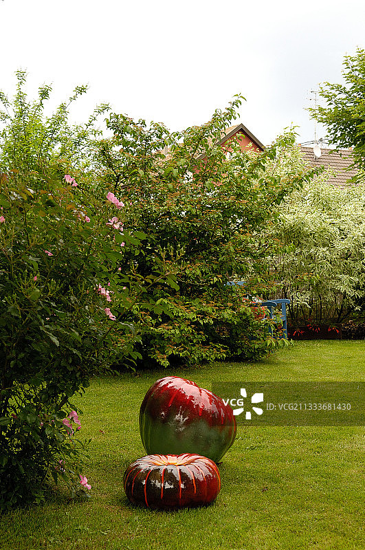 棉田花园草坪上的陶瓷水果图片素材