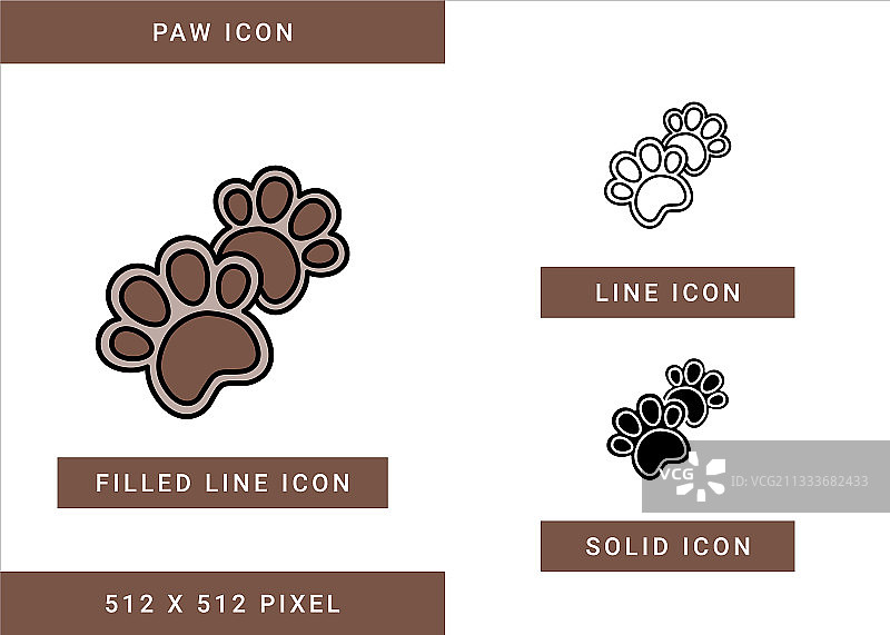 带有实体图标线条样式的爪子图标集图片素材