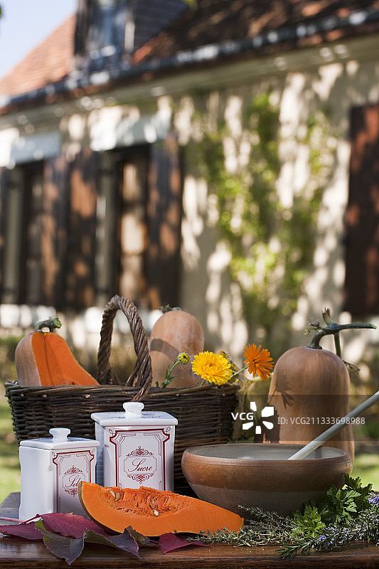 花园桌上的浆果奶油南瓜图片素材