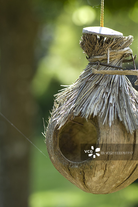 法国莫尔比昂夏季花园里的木制鸟舍图片素材