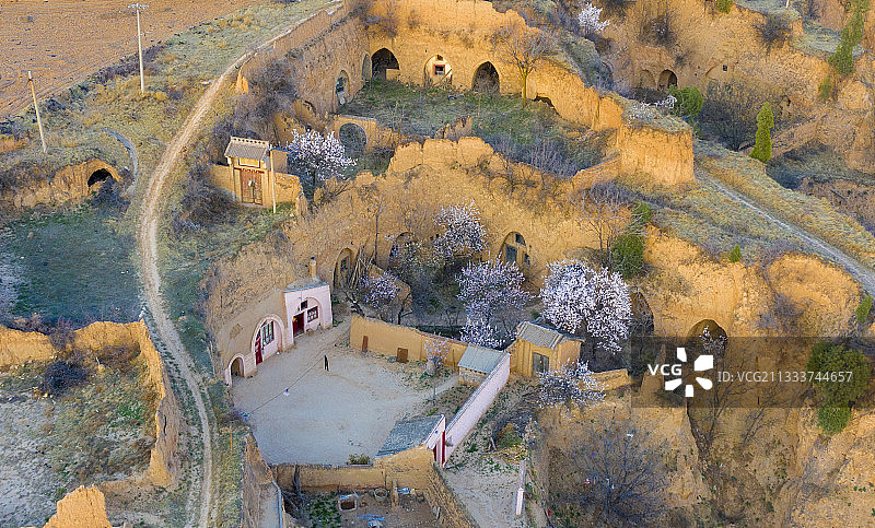 春天里的黄土高坡窑洞图片素材