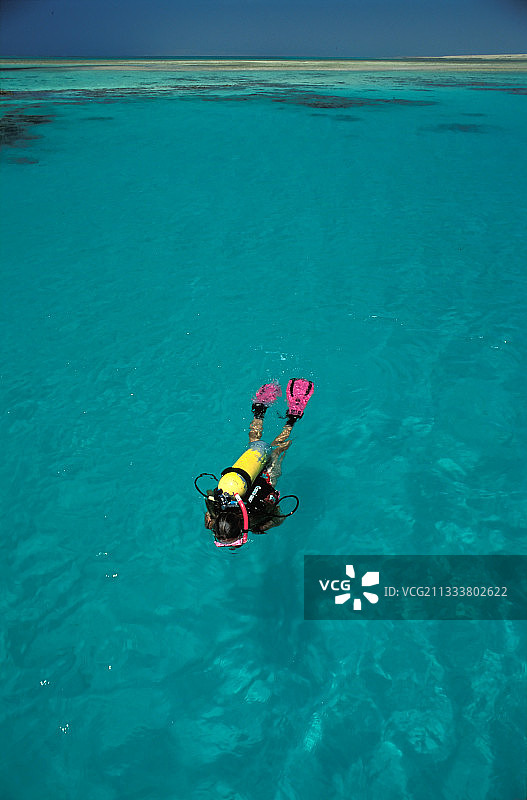 在埃及泻湖水面游泳的潜水员图片素材