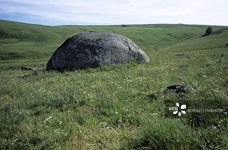 草地上冰川抛光侵蚀的花岗岩石图片素材