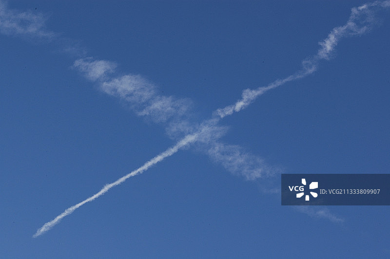 两道飞机划过天空的痕迹图片素材