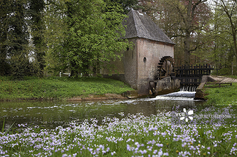 河流鲜花岸边的水磨坊图片素材