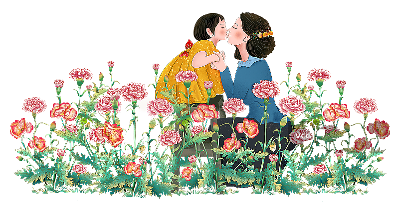 中国传统节日母亲节 花丛中亲吻的母女图片素材