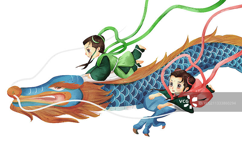 中国风仙童二月二龙抬头玩耍插画元素图片素材