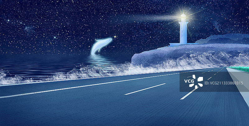 公路穿过海边，灯塔照耀远方插画图片素材