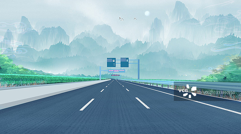 一条公路穿过早晨日出的森林和山峰插画图片素材